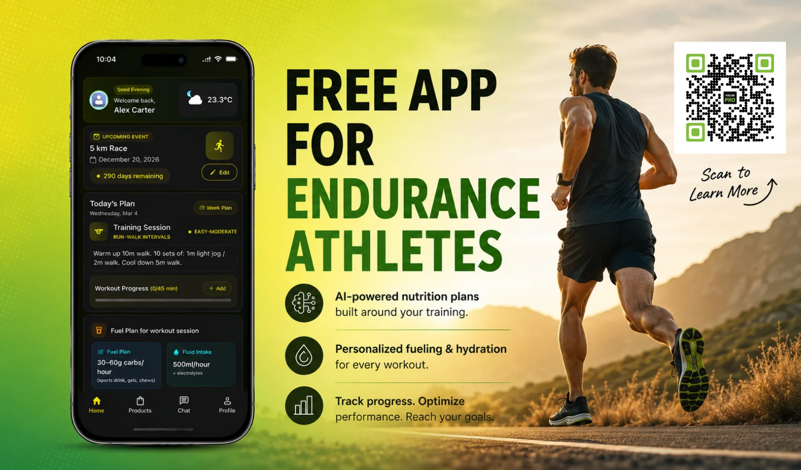 Free app for endurance athletes: AI-powered nutrition plans, personalized fueling and hydration, and progress tracking.