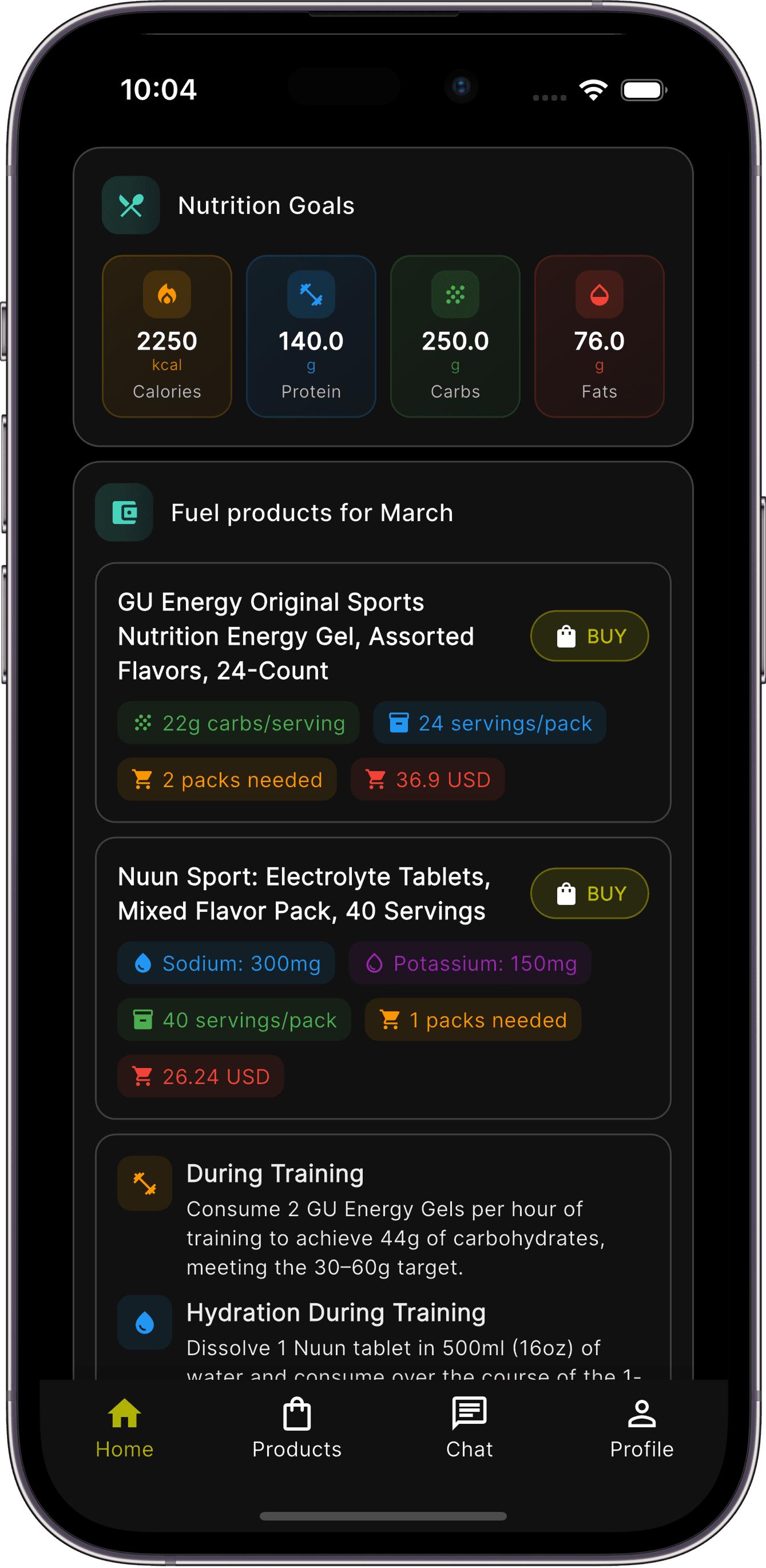Fuelish Pro nutrition goals screen