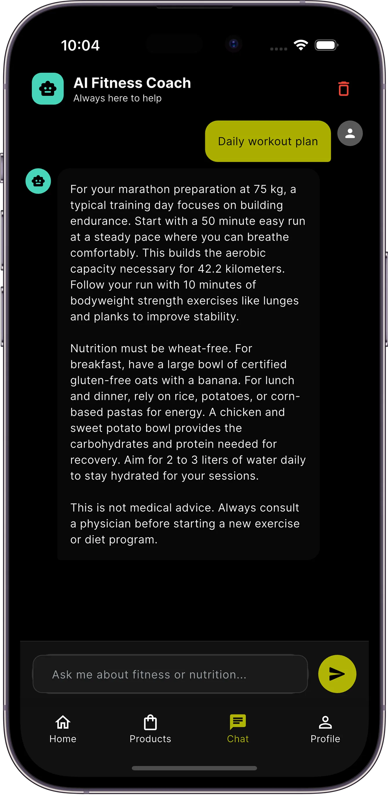 Fuelish app screen showing the AI coach conversation